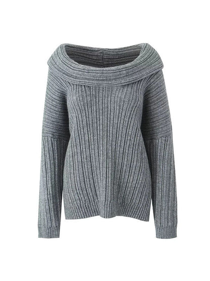 Long Sleeves Loose Pleated Solid Color Split-Joint Off-The-Shoulder Sweater