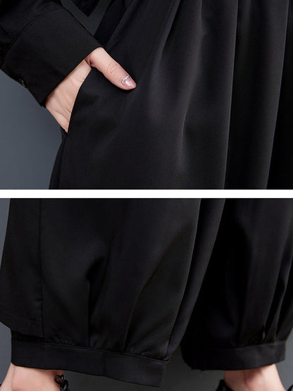 Long Sleeves Loose Contrast Color Printed Split-Joint Leopard Polo Blouses&Shirts Tops + Ninth  Culotte