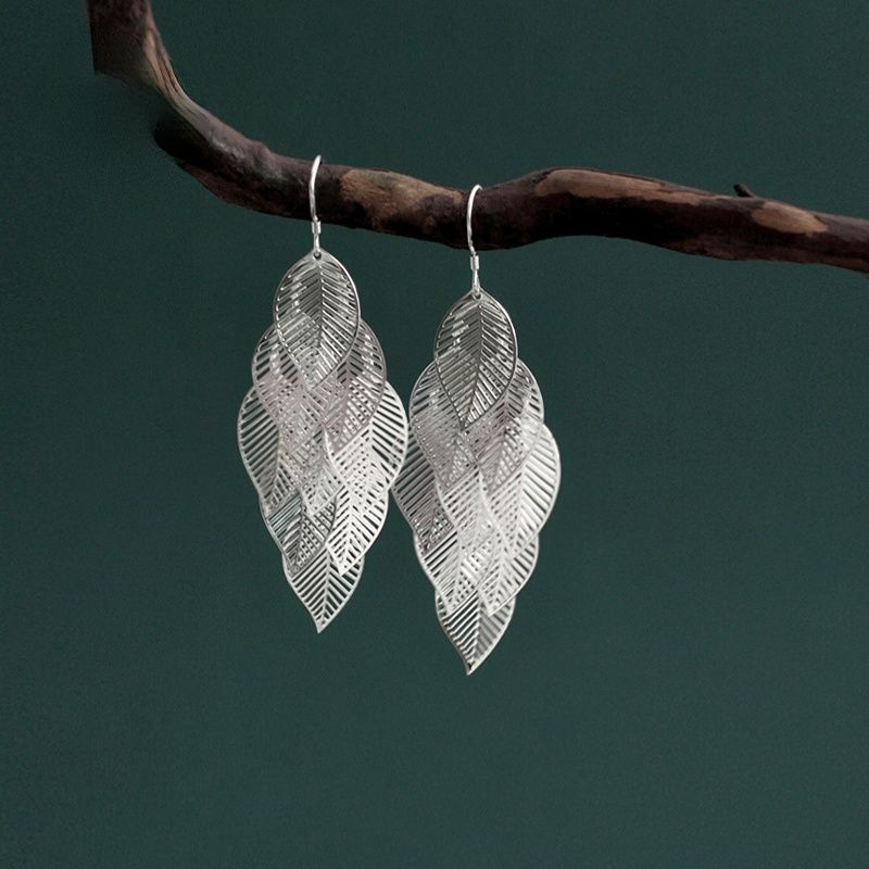 S925 Silver Literary Fresh Leaf Earrings Ethnic Style Ear Clips