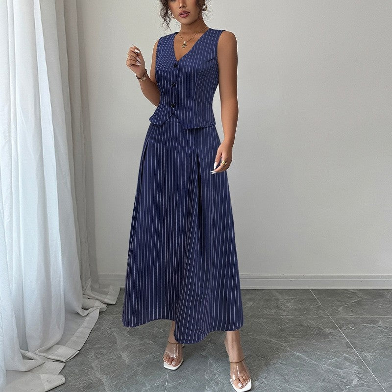 Striped Skirt Vest Two Piece Set