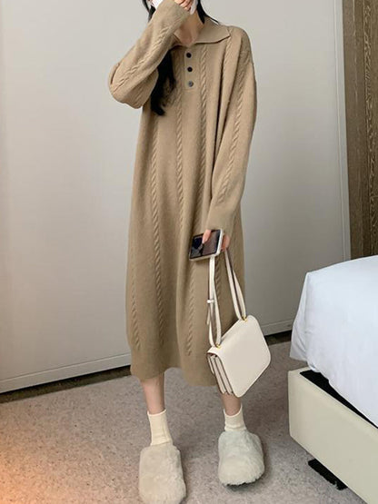 Long Sleeves Loose Buttoned Lapel Midi Dresses Sweater Dresses