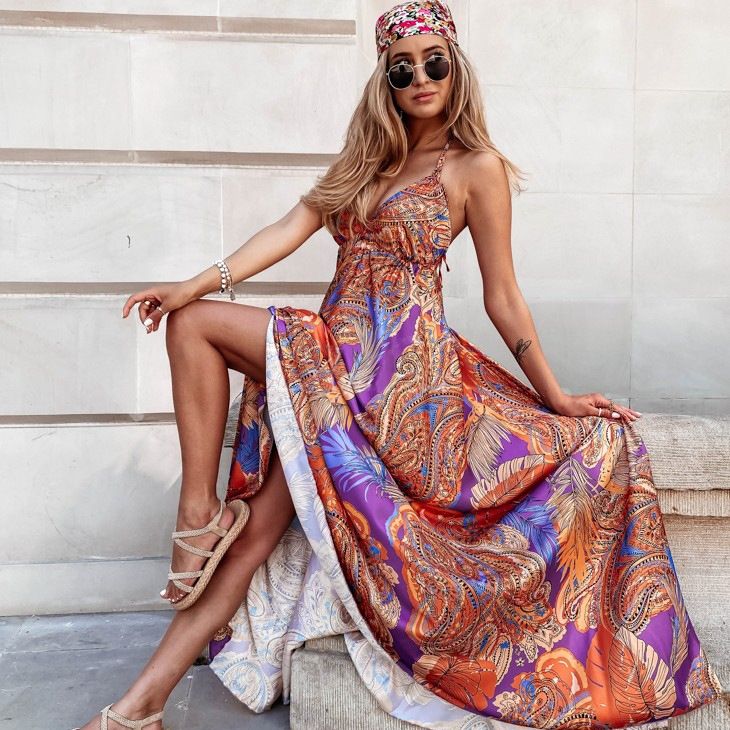 Slim Sexy V-Neck Print Slip Hemp Dress Woman