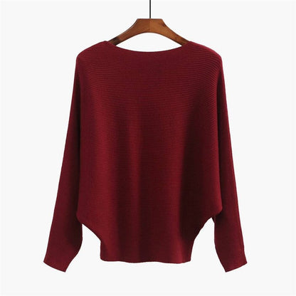 Solid Color One-Word Collar Bat Sleeve Knit Sweater