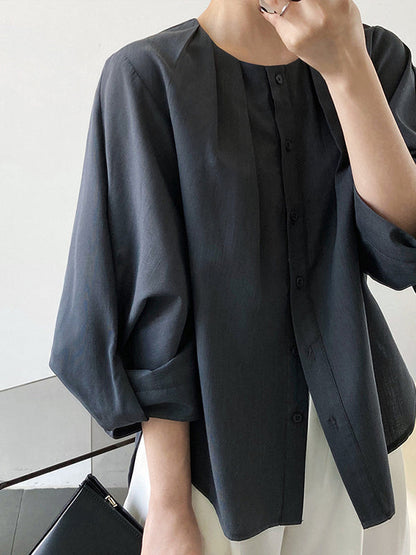 High-Low Loose Pleated See-Through Solid Color Split-Joint Round-Neck Blouses