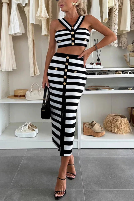 Sexy Elegant Striped Metal Button Off Shoulder Top and High Rise Slit Stretch Skirt Set