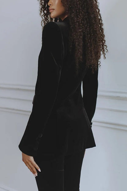 Delicate Daze Velvet Satin Lapel Button Up Long Sleeve Tapered Waist Blazer