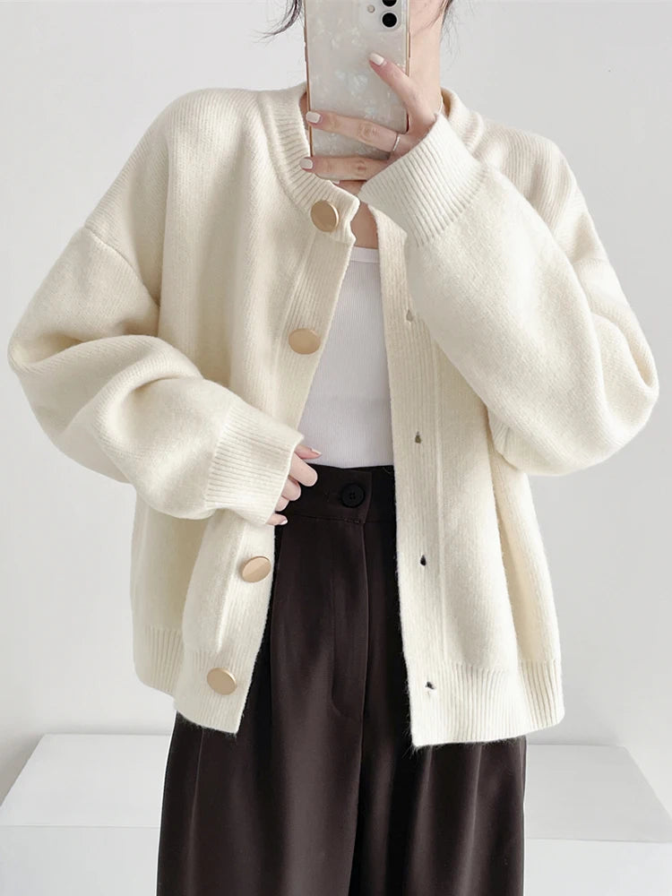 Women Cardigans Sweater O-Neck Autumn Winter Knitted Loose Cardigans Solid Single Breasted Womens Sweaters