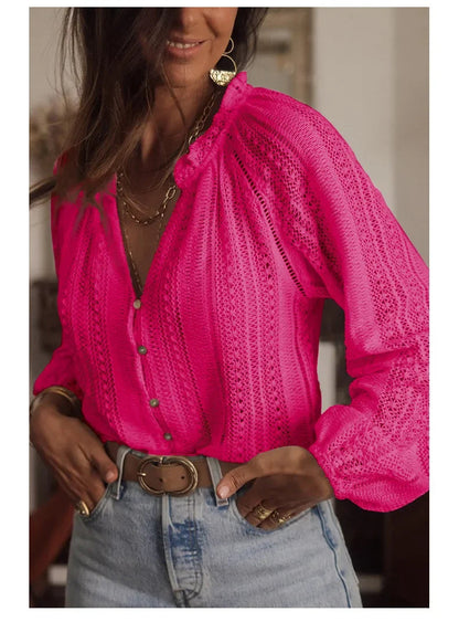 Vintage Long Sleeve Blouses Summer Casual Elegant Ladies Blusas Boho Beach Hollow Out Lace Blouse Shirt For Women Top
