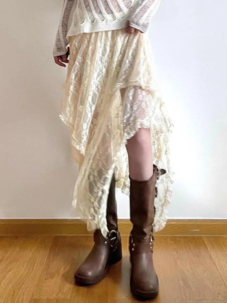 Asymmetrical Lace Skirts Women Summer Clothing Soft All-Match Chic Streetwear Y2K Trendy Korean Style Loose Ladies Party Faldas