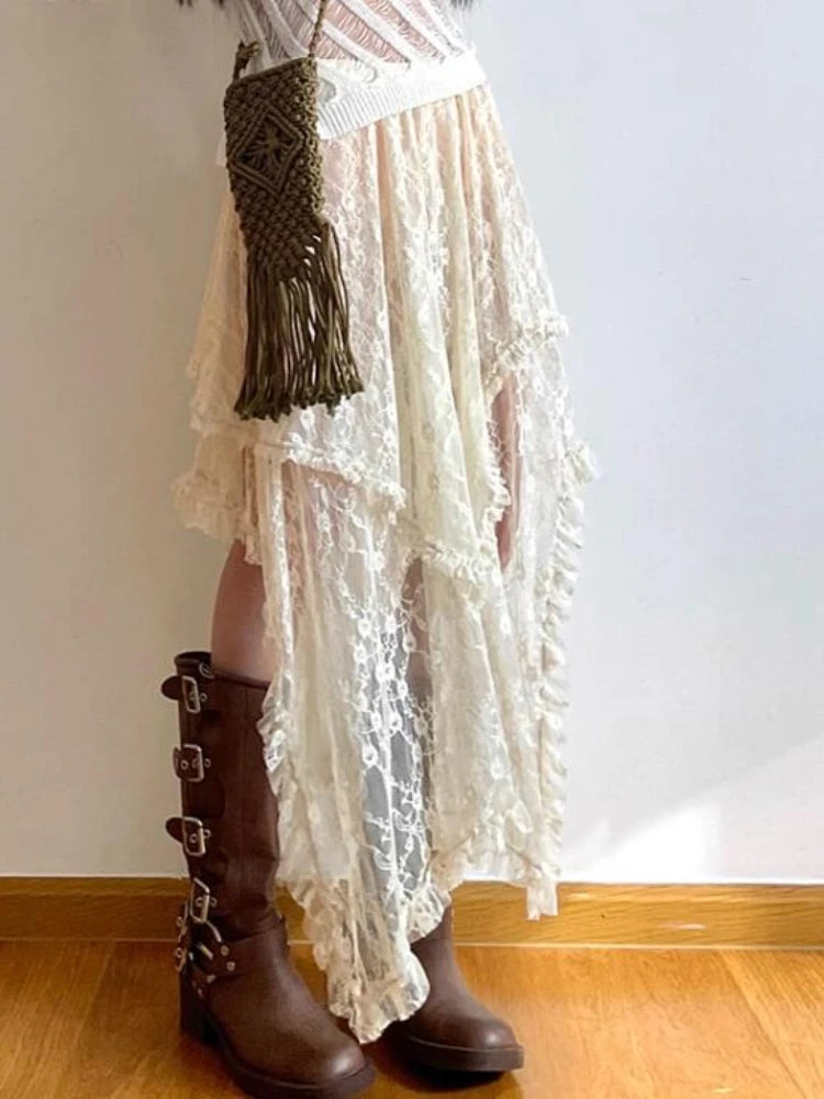 Asymmetrical Lace Skirts Women Summer Clothing Soft All-Match Chic Streetwear Y2K Trendy Korean Style Loose Ladies Party Faldas