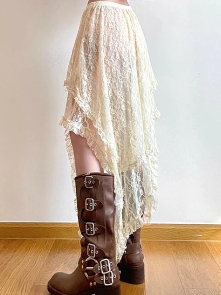 Asymmetrical Lace Skirts Women Summer Clothing Soft All-Match Chic Streetwear Y2K Trendy Korean Style Loose Ladies Party Faldas