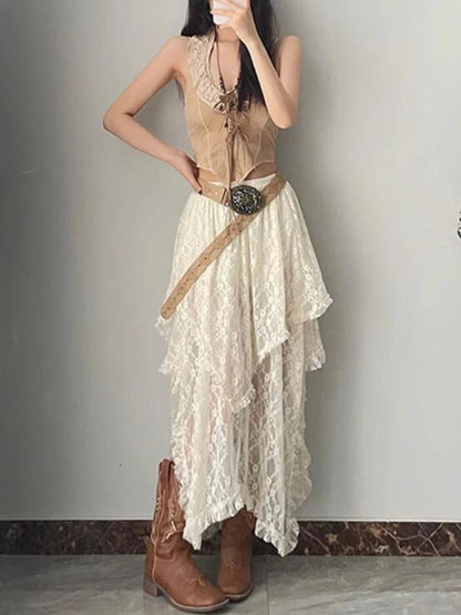 Asymmetrical Lace Skirts Women Summer Clothing Soft All-Match Chic Streetwear Y2K Trendy Korean Style Loose Ladies Party Faldas