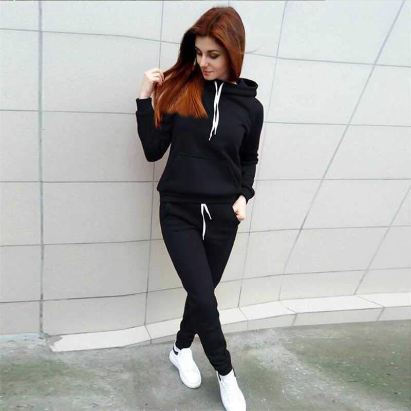 Autumn Winter Suit Casual  Women'S Suit Loose Patchwork Hoodies And Long Pants 2 Pcs  Lantern Sleeve Big Size Female Sets