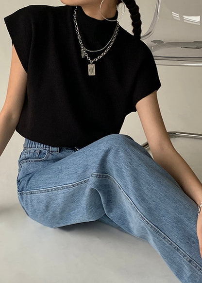 Mock Neck Knit Top Sleeveless Black Soft Knit