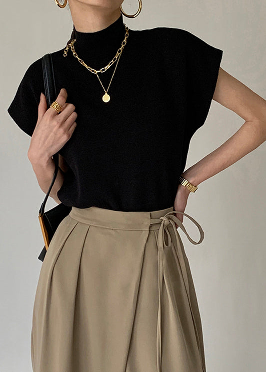 Mock Neck Knit Top Sleeveless Black Soft Knit