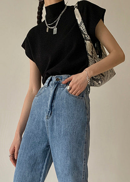 Mock Neck Knit Top Sleeveless Black Soft Knit