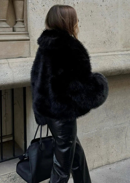 Faux Fur Polo Collar Jacket Black Oversized Fit