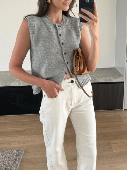 Knit Vest Button Front Sleeveless Cardigan