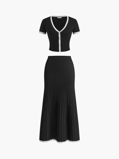 Ribbed Knit Crop Top And Pleated Midi Skirt Set