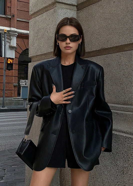 Black Faux Leather Blazer With Structured Fit