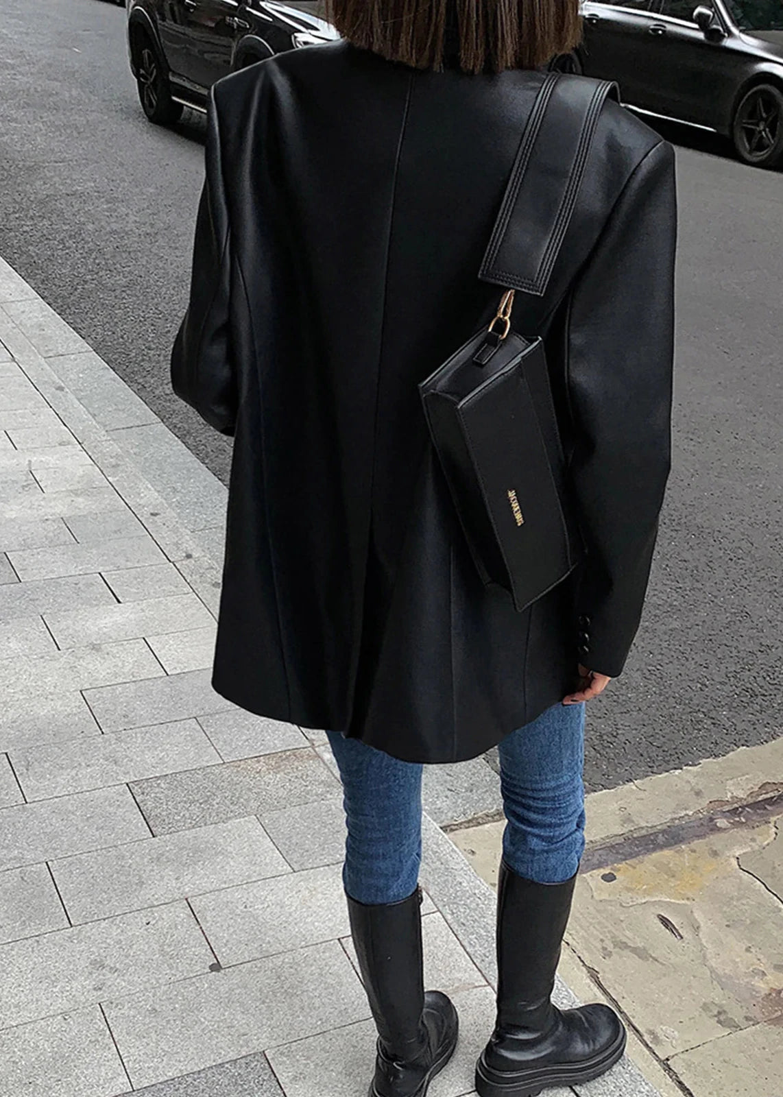 Black Faux Leather Blazer With Structured Fit