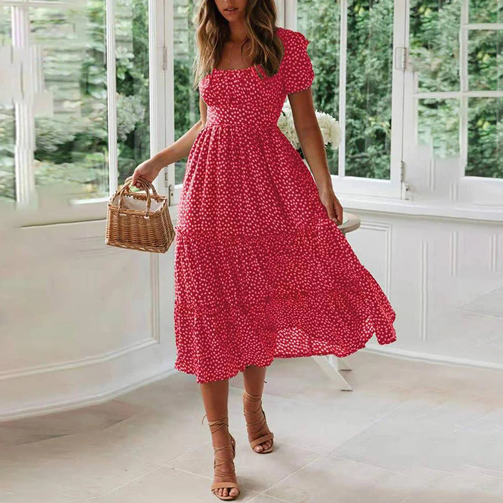 Beach Floral Dress For Women Clothing 2024 Summer Vacation Casual Short Sleeve Slim Fit Long Dress Female Sexy Bohemian Dress