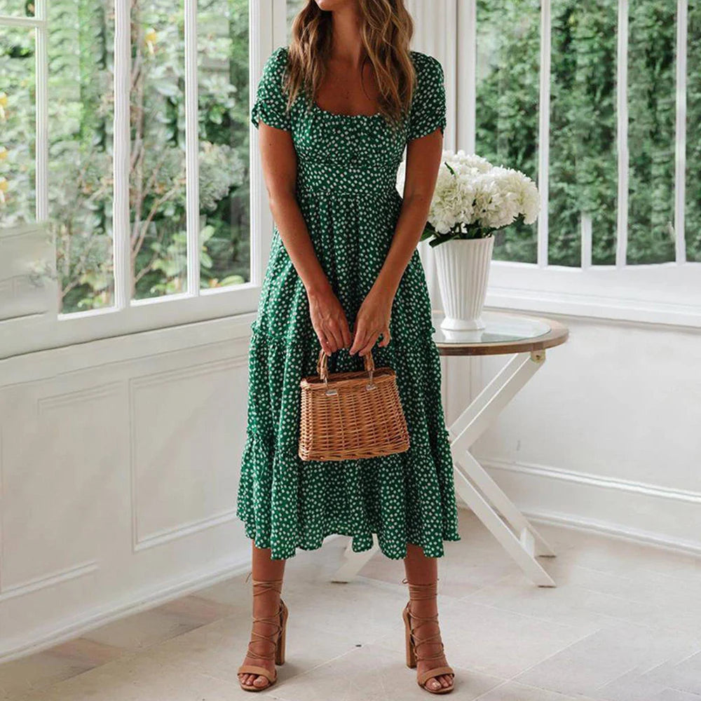 Beach Floral Dress For Women Clothing 2024 Summer Vacation Casual Short Sleeve Slim Fit Long Dress Female Sexy Bohemian Dress