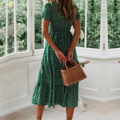 Beach Floral Dress For Women Clothing 2024 Summer Vacation Casual Short Sleeve Slim Fit Long Dress Female Sexy Bohemian Dress