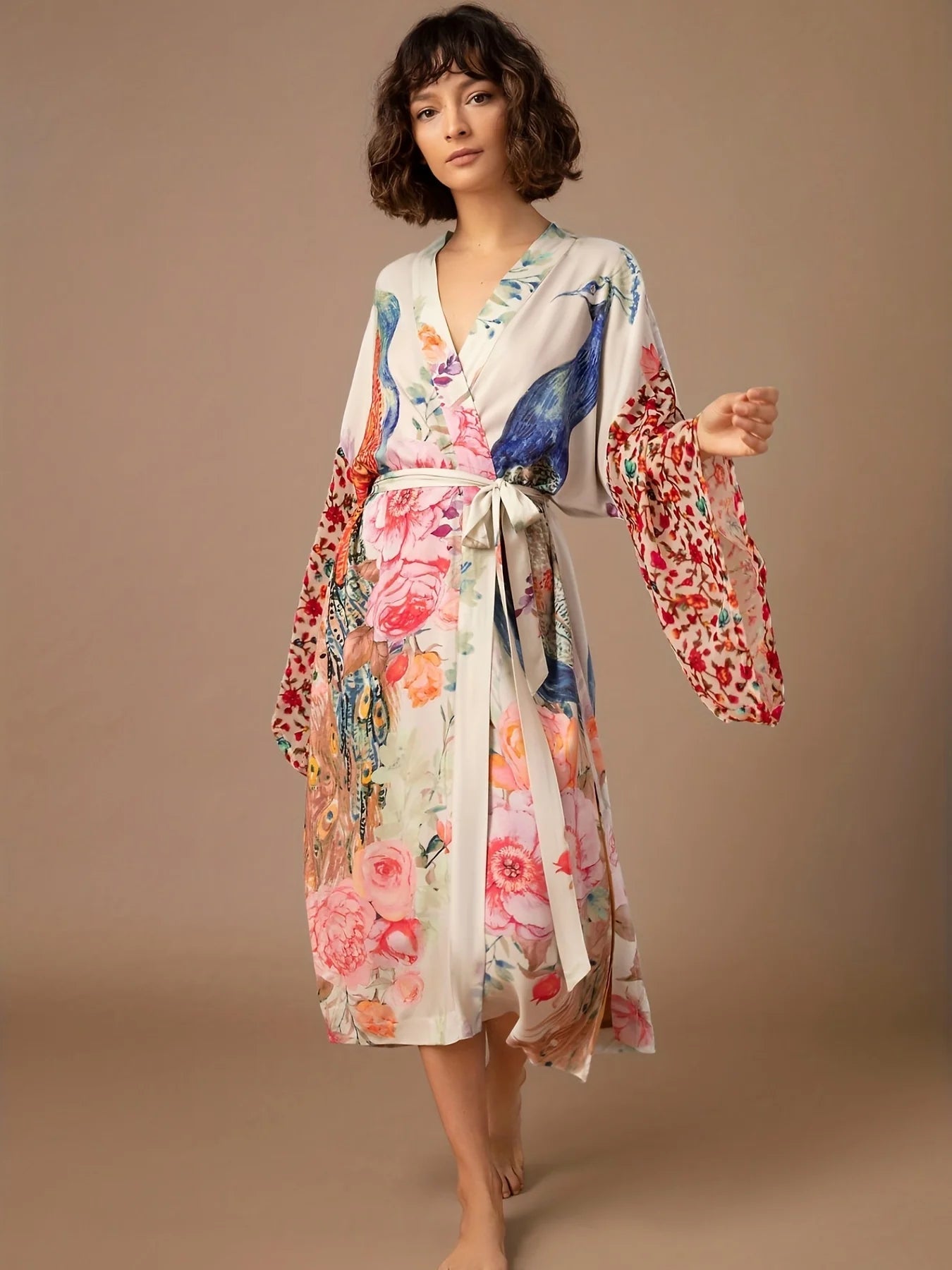 Beach Kimono For Women Peocock Printed Swimsuit Cover Up Self Belted Wrap Dresses Seaside Bathing Suits Beachwear