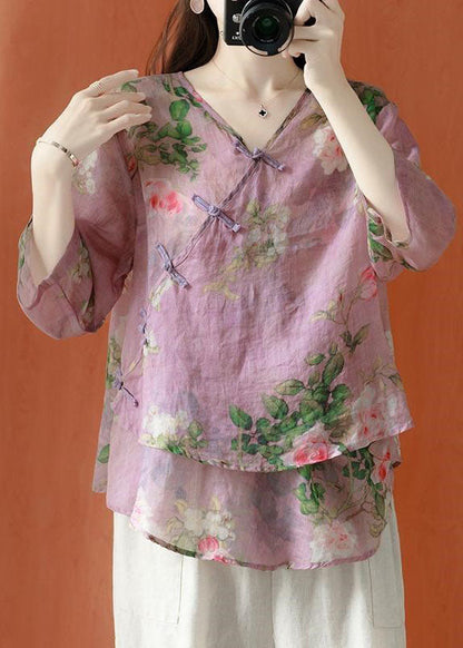 Beautiful Purple Asymmetrical Print cotton blend Blouses Half Sleeve