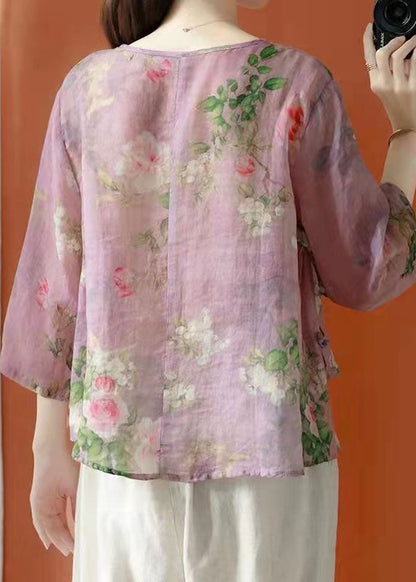 Beautiful Purple Asymmetrical Print cotton blend Blouses Half Sleeve