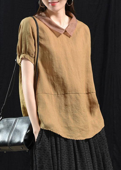 Peach Pink Patchwork Turn-down Collar Summer Linen Shirt Blouse