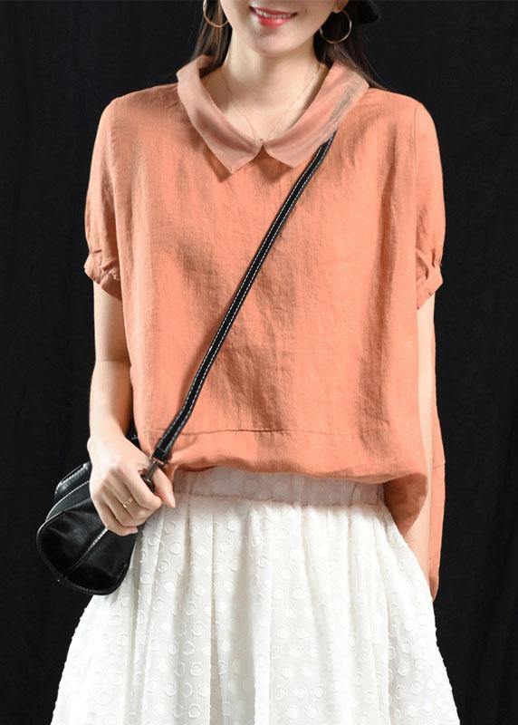 Peach Pink Patchwork Turn-down Collar Summer Linen Shirt Blouse