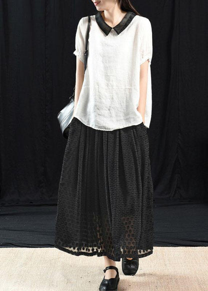 Peach Pink Patchwork Turn-down Collar Summer Linen Shirt Blouse