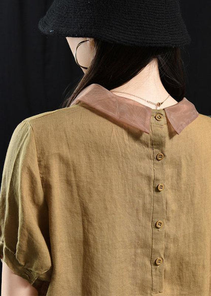 Peach Pink Patchwork Turn-down Collar Summer Linen Shirt Blouse