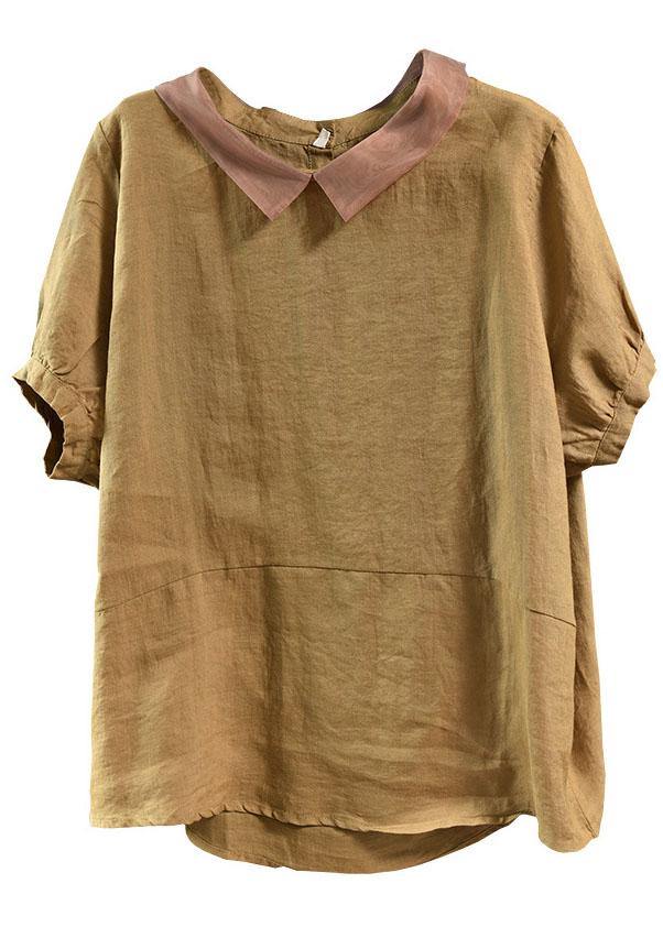 Peach Pink Patchwork Turn-down Collar Summer Linen Shirt Blouse