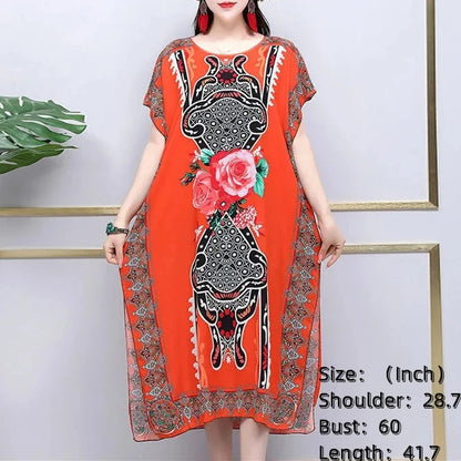 Bohemian National Style Leisure Holiday Beach Printed Poker Indonesia Floral O-Neck Loose Midi Dress Pajamas Loungewear Woman