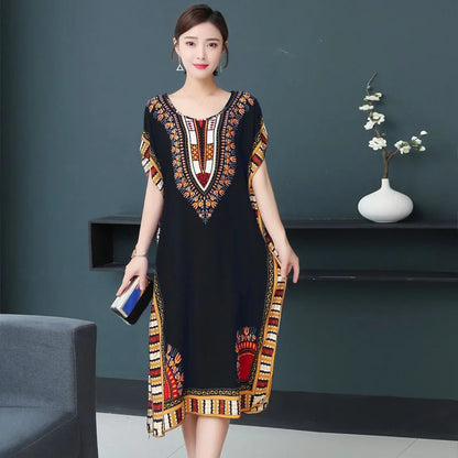 Bohemian National Style Leisure Holiday Beach Printed Poker Indonesia Floral O-Neck Loose Midi Dress Pajamas Loungewear Woman