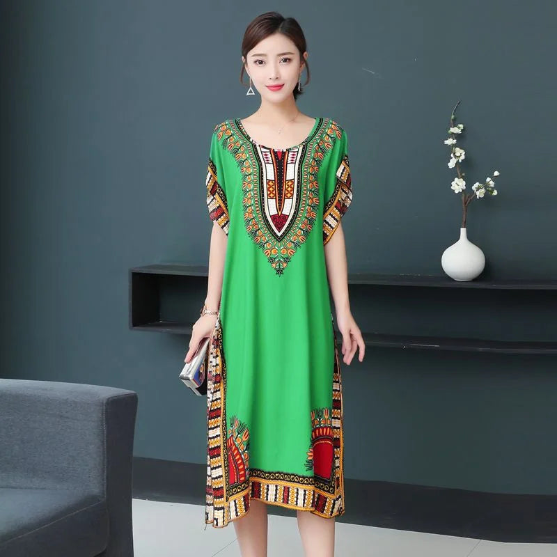 Bohemian National Style Leisure Holiday Beach Printed Poker Indonesia Floral O-Neck Loose Midi Dress Pajamas Loungewear Woman