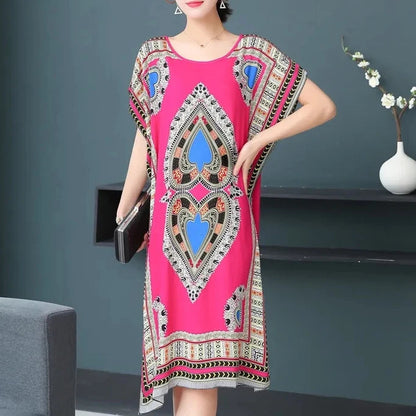 Bohemian National Style Leisure Holiday Beach Printed Poker Indonesia Floral O-Neck Loose Midi Dress Pajamas Loungewear Woman