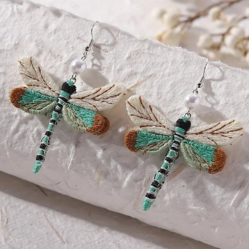 Bohemian Style Vintage New Unique Embroidery Creative Cute Dragonfly Pendants For Women Personalized Fun Drop Earrings Jewelry