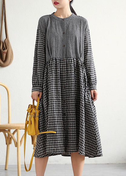 Bohemian o neck patchwork cotton linen Long Shirts Work Outfits black plaid Dress