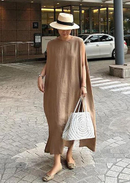 Bohemian O Neck Side Open Linen Cotton Clothes Fabrics Khaki Dress