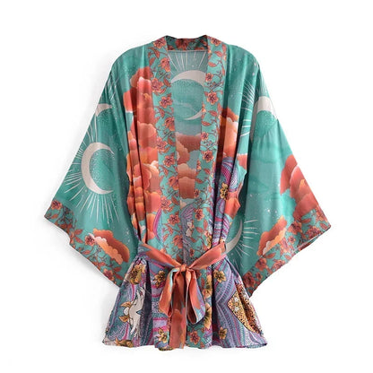 Boho Queens Vintage Star And Moon Floral Print Sashes Women Bohemian V Neck Batwing Sleeves  Happie Short Robe Kimono
