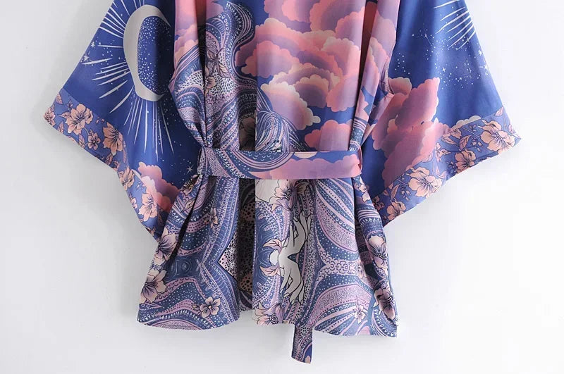 Boho Queens Vintage Star And Moon Floral Print Sashes Women Bohemian V Neck Batwing Sleeves  Happie Short Robe Kimono