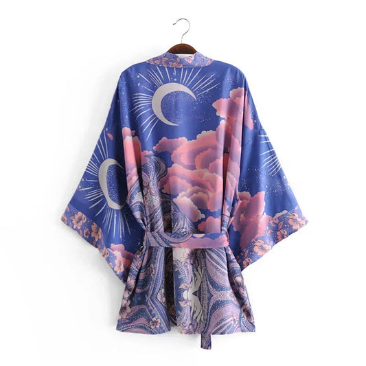 Boho Queens Vintage Star And Moon Floral Print Sashes Women Bohemian V Neck Batwing Sleeves  Happie Short Robe Kimono