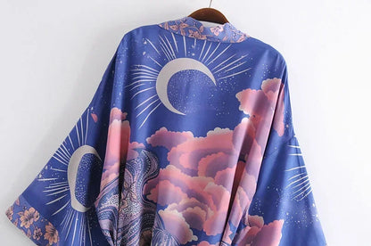 Boho Queens Vintage Star And Moon Floral Print Sashes Women Bohemian V Neck Batwing Sleeves  Happie Short Robe Kimono