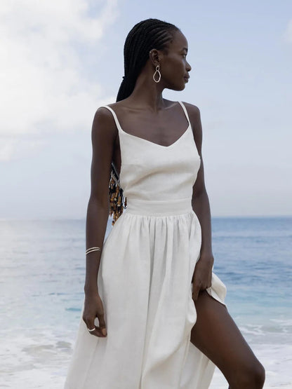 Bornladies Spring Summer Beach Style Women Dress Vintage Loose A-Line Sling Dress Sexy Hot Girl 100% Cotton V-Neck Dress