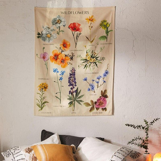 Botanical Wildflower Tapestry Wall Hanging Flower Reference Chart Hippie Bohemian Tapestries Colorful Psychedelic Home Decor