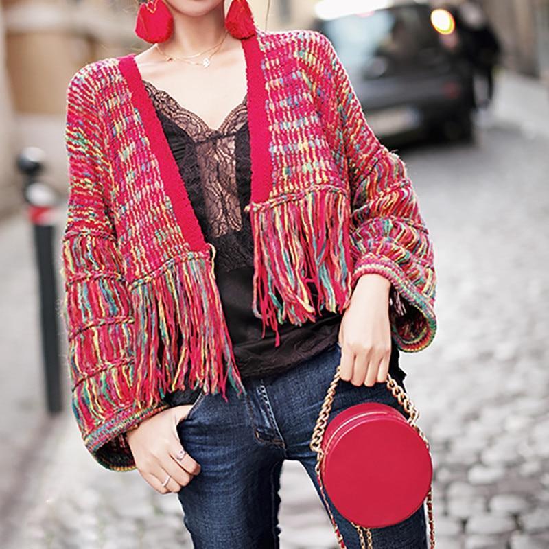 Cardigan Feminino Real Wool Women Sweaters And Poncho  New Women'S Loose Cardigan Knit Hand-Knitted Rainbow Tassels Woman